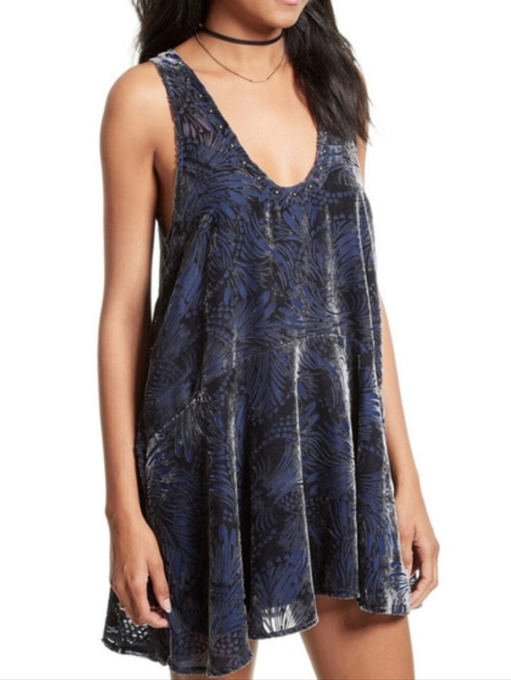 Free People Navy Blue Velvet Burnout Printed Swing Cover-Up Size Small